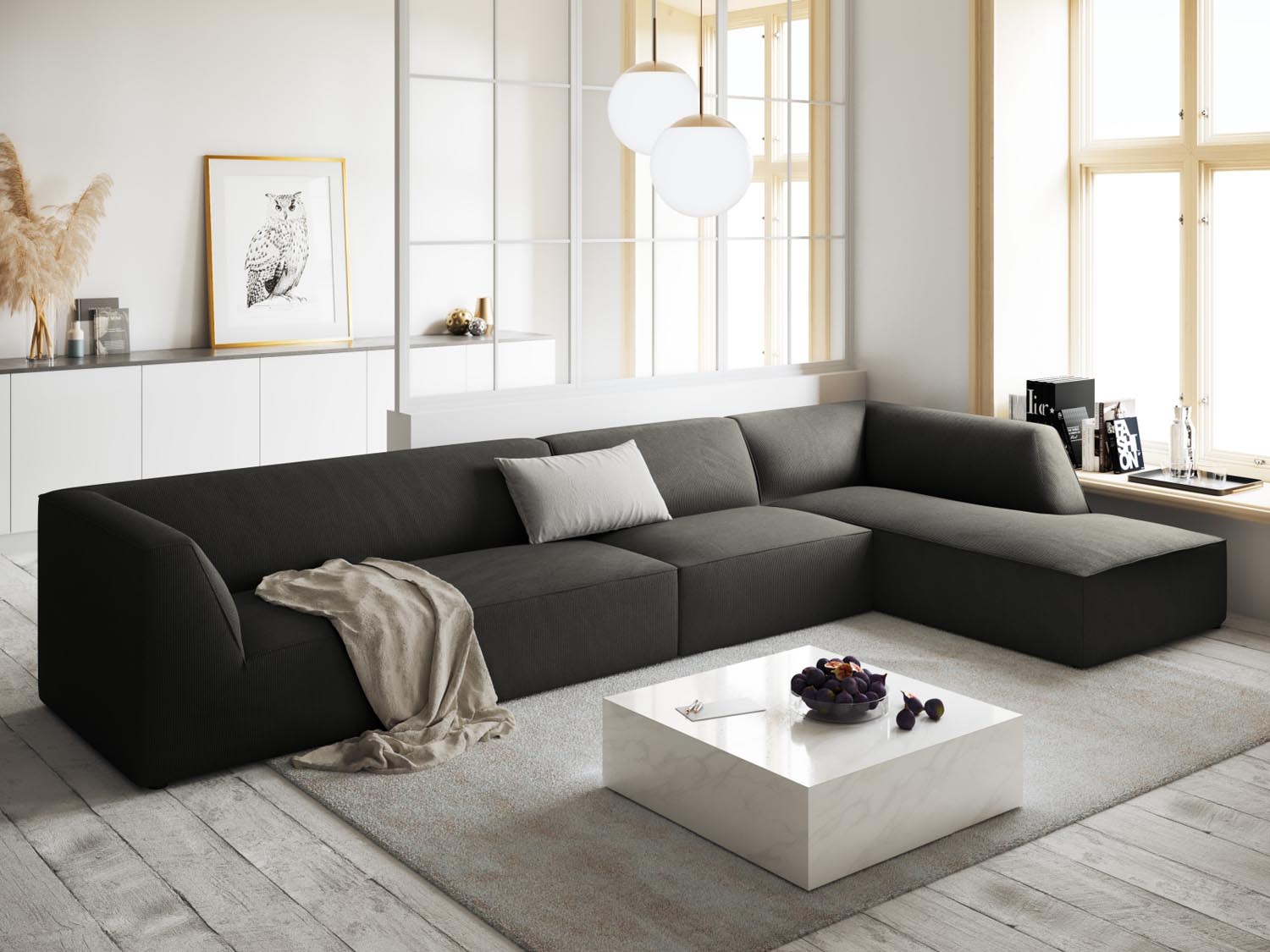 Elegantes Ruby Ecksofa in Dunkelgrau, 5-Sitzer, ideal für moderne Wohnräume. Stilvolles Design von Micadoni, perfekt für entspannte Abende.