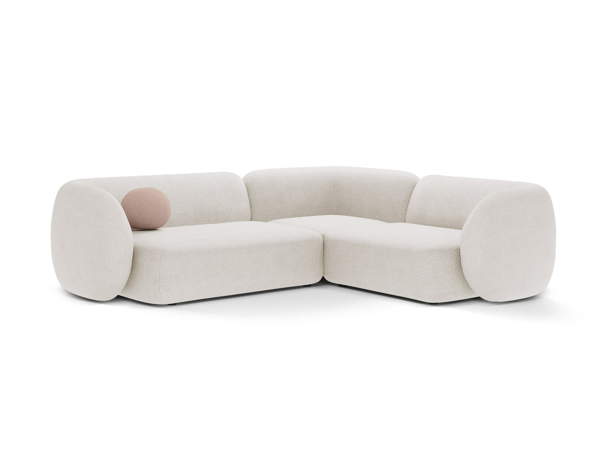 Weisses Ecksofa rechts von Micadoni aus der Kate-Serie mit strukturiertem Bouclé-Stoff, schwarzen Kunststoffbeinen und modularem Aufbau.