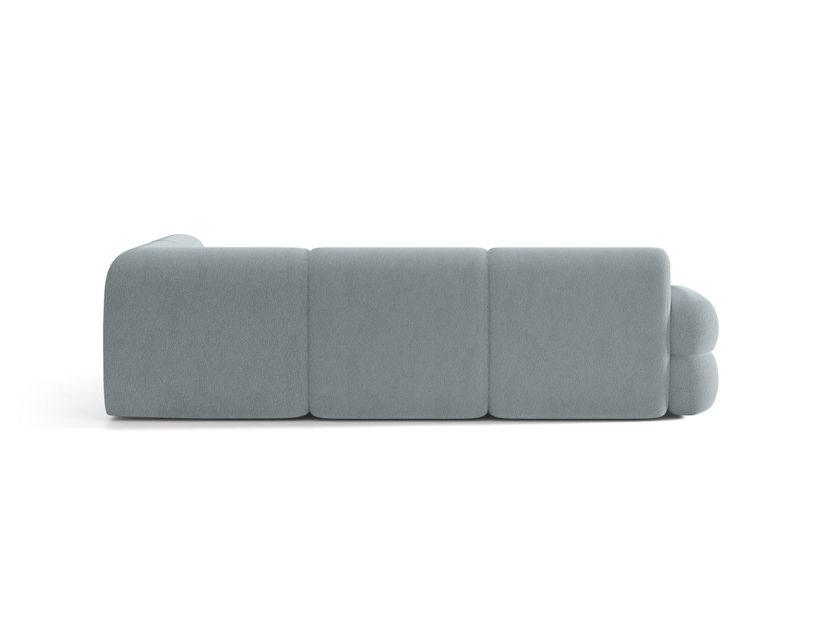 Neo Linkes Ecksofa von Micadoni in dunklem Olivgrün, L-Sofa rechts mit Bouclé-Stoffbezug, hoher Rückenlehne und schwarzen Kunststoffbeinen.