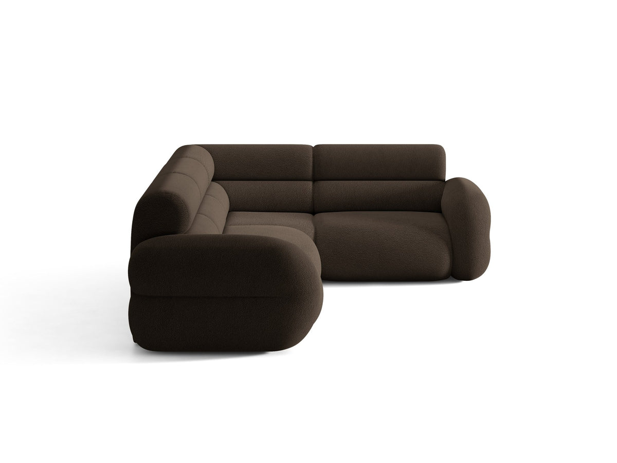 Neo Linkes Ecksofa von Micadoni in dunklem Olivgrün, L-Sofa rechts mit Bouclé-Stoffbezug, hoher Rückenlehne und schwarzen Kunststoffbeinen.