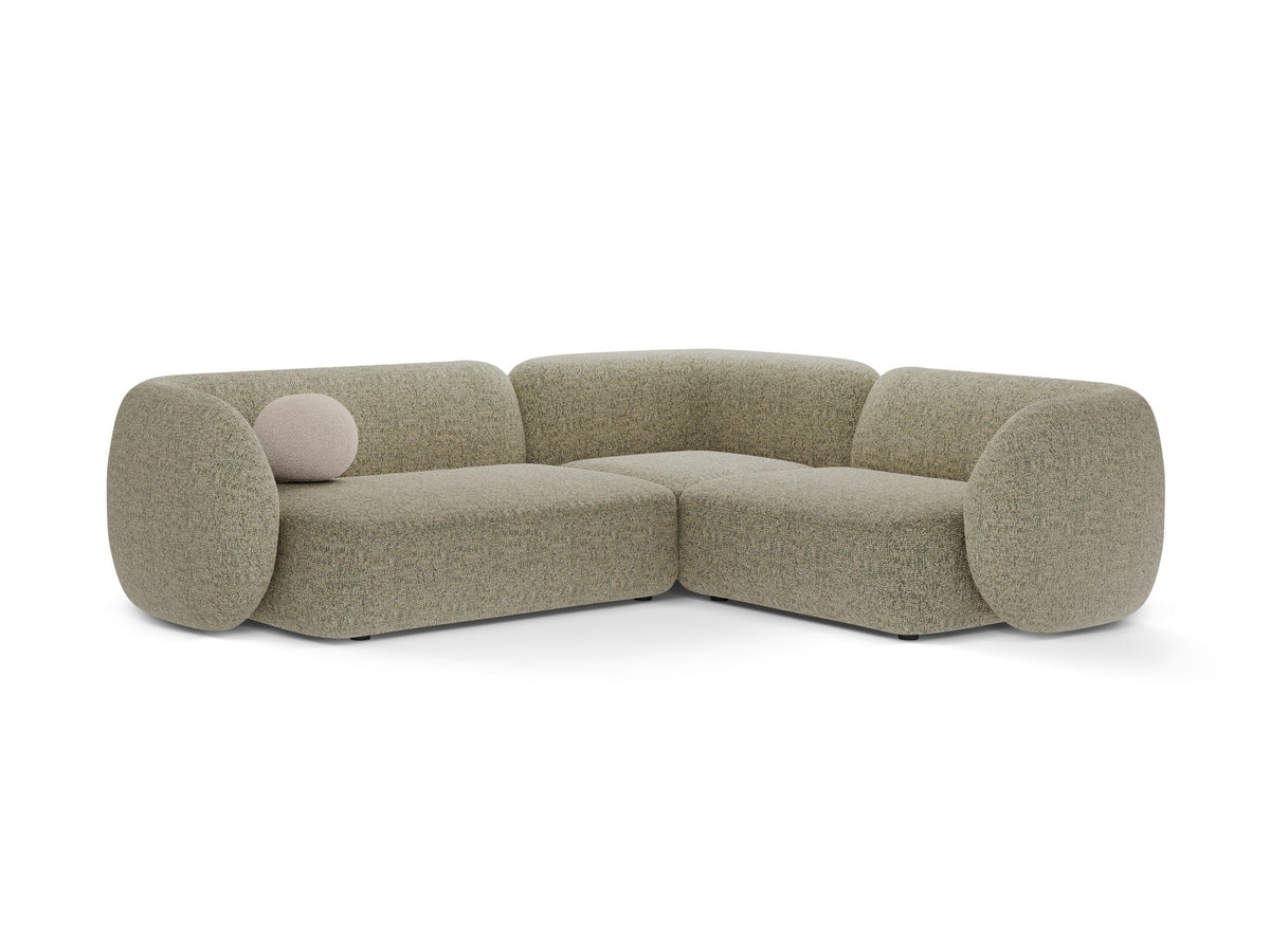 Weisses Ecksofa rechts von Micadoni aus der Kate-Serie mit strukturiertem Bouclé-Stoff, schwarzen Kunststoffbeinen und modularem Aufbau.