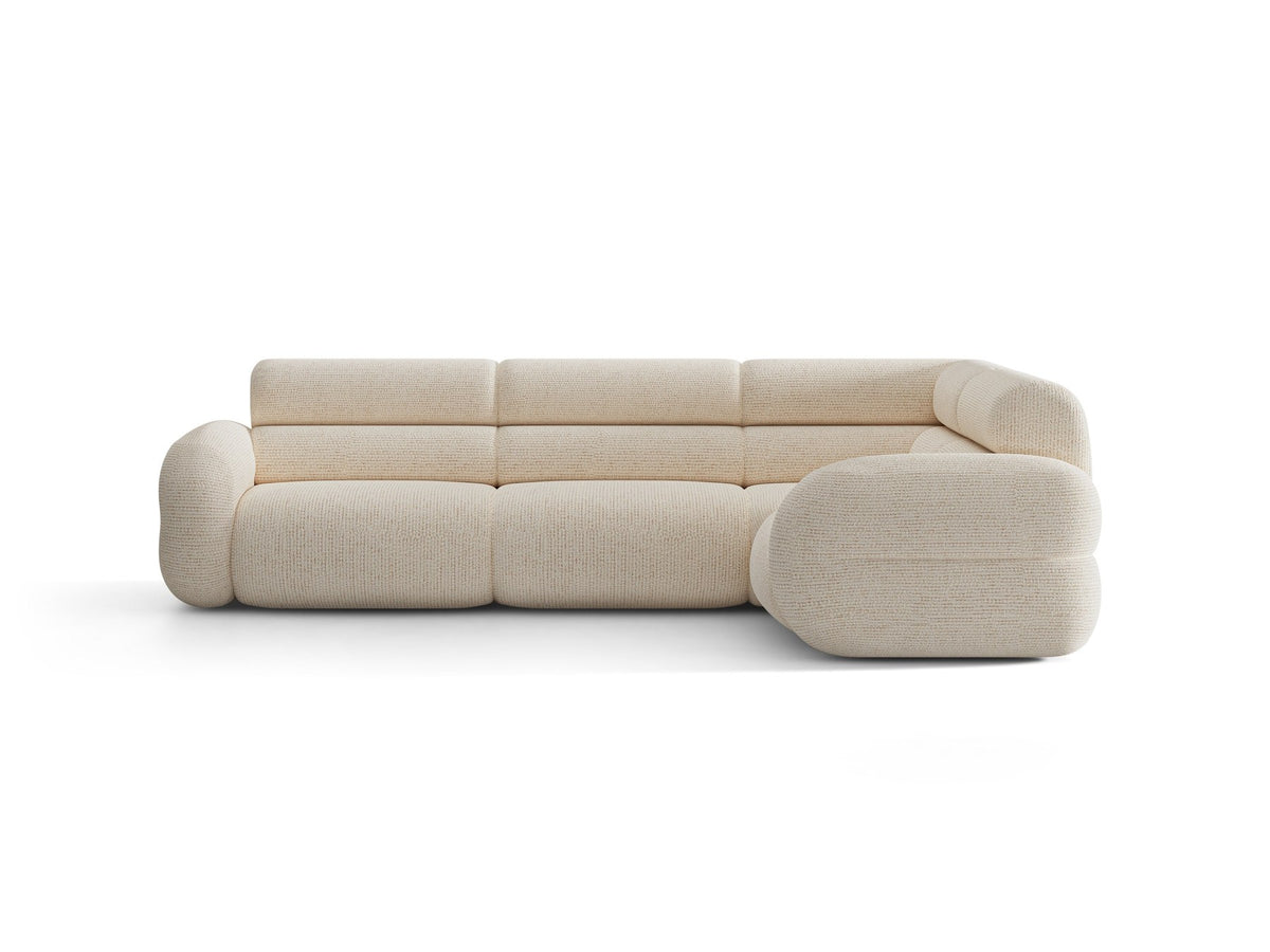 Neo Linkes Ecksofa von Micadoni in dunklem Olivgrün, L-Sofa rechts mit Bouclé-Stoffbezug, hoher Rückenlehne und schwarzen Kunststoffbeinen.