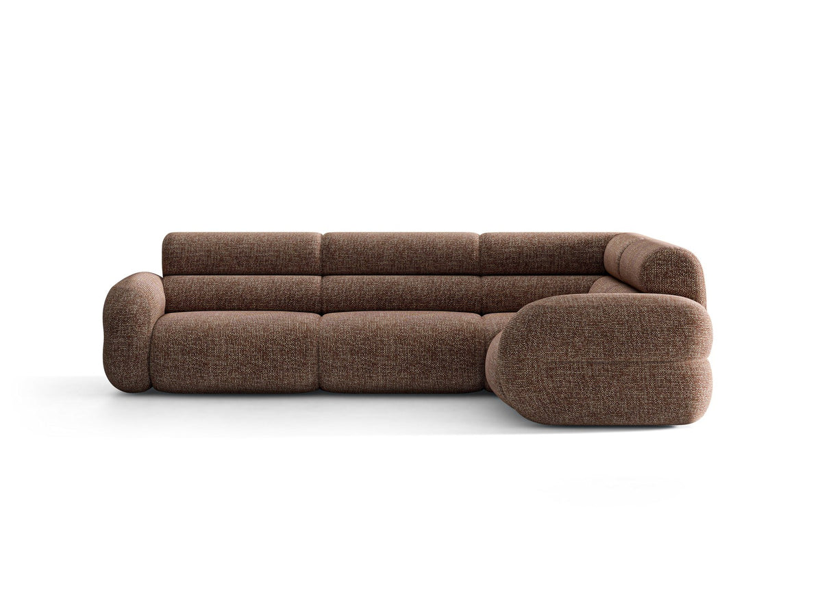 Neo Linkes Ecksofa von Micadoni in dunklem Olivgrün, L-Sofa rechts mit Bouclé-Stoffbezug, hoher Rückenlehne und schwarzen Kunststoffbeinen.