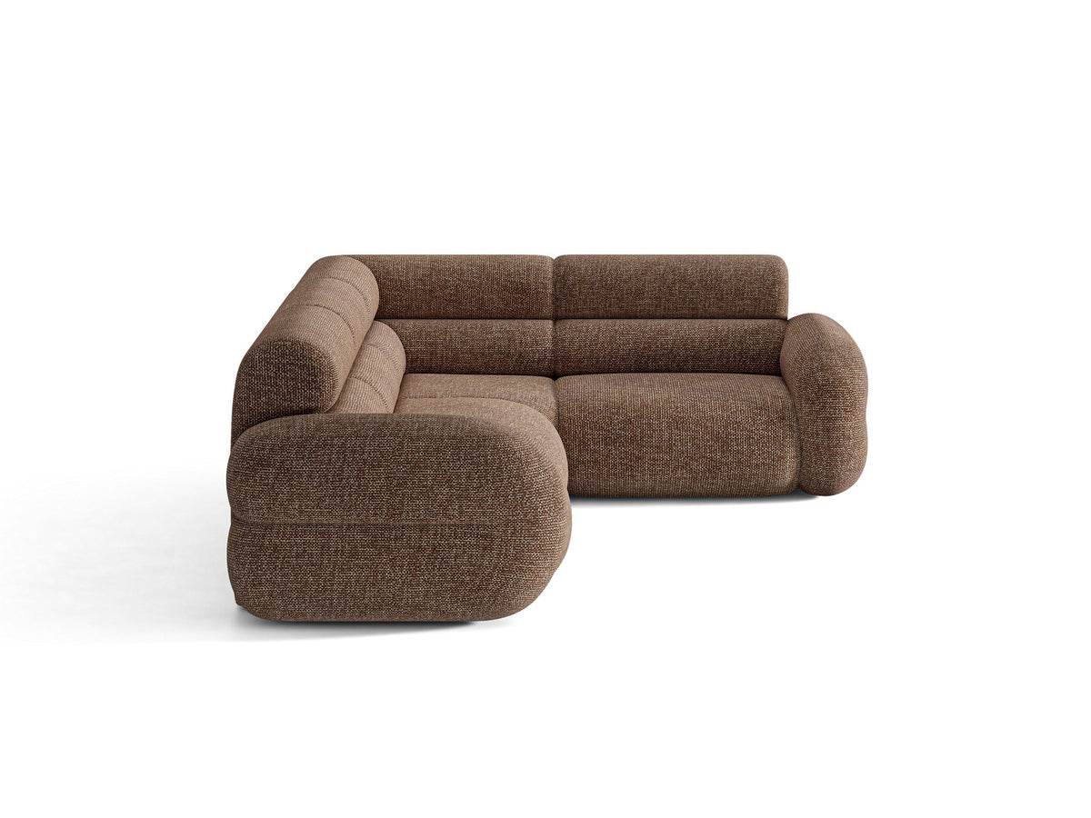 Neo Linkes Ecksofa von Micadoni in dunklem Olivgrün, L-Sofa rechts mit Bouclé-Stoffbezug, hoher Rückenlehne und schwarzen Kunststoffbeinen.