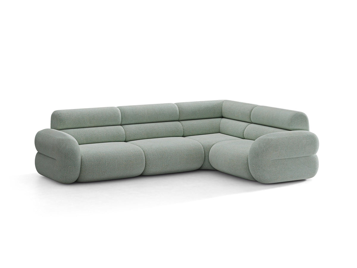 Neo Linkes Ecksofa von Micadoni in dunklem Olivgrün, L-Sofa rechts mit Bouclé-Stoffbezug, hoher Rückenlehne und schwarzen Kunststoffbeinen.