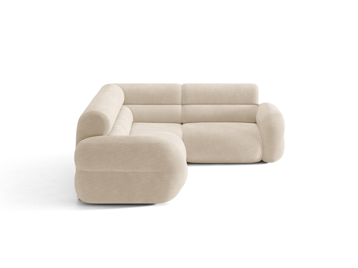 Neo Linkes Ecksofa von Micadoni in dunklem Olivgrün, L-Sofa rechts mit Bouclé-Stoffbezug, hoher Rückenlehne und schwarzen Kunststoffbeinen.