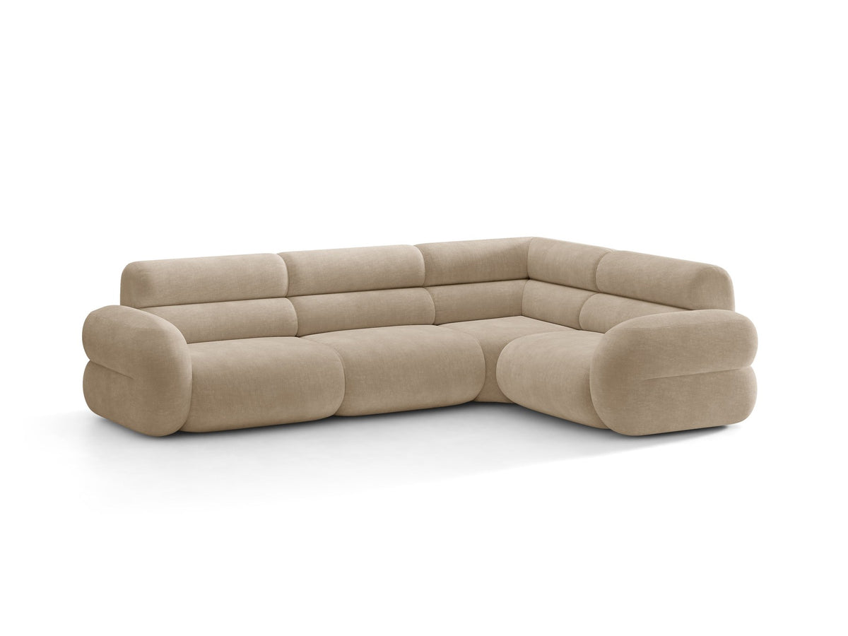 Neo Linkes Ecksofa von Micadoni in dunklem Olivgrün, L-Sofa rechts mit Bouclé-Stoffbezug, hoher Rückenlehne und schwarzen Kunststoffbeinen.