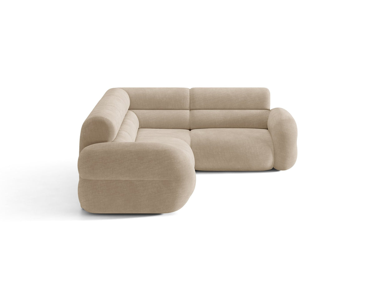 Neo Linkes Ecksofa von Micadoni in dunklem Olivgrün, L-Sofa rechts mit Bouclé-Stoffbezug, hoher Rückenlehne und schwarzen Kunststoffbeinen.