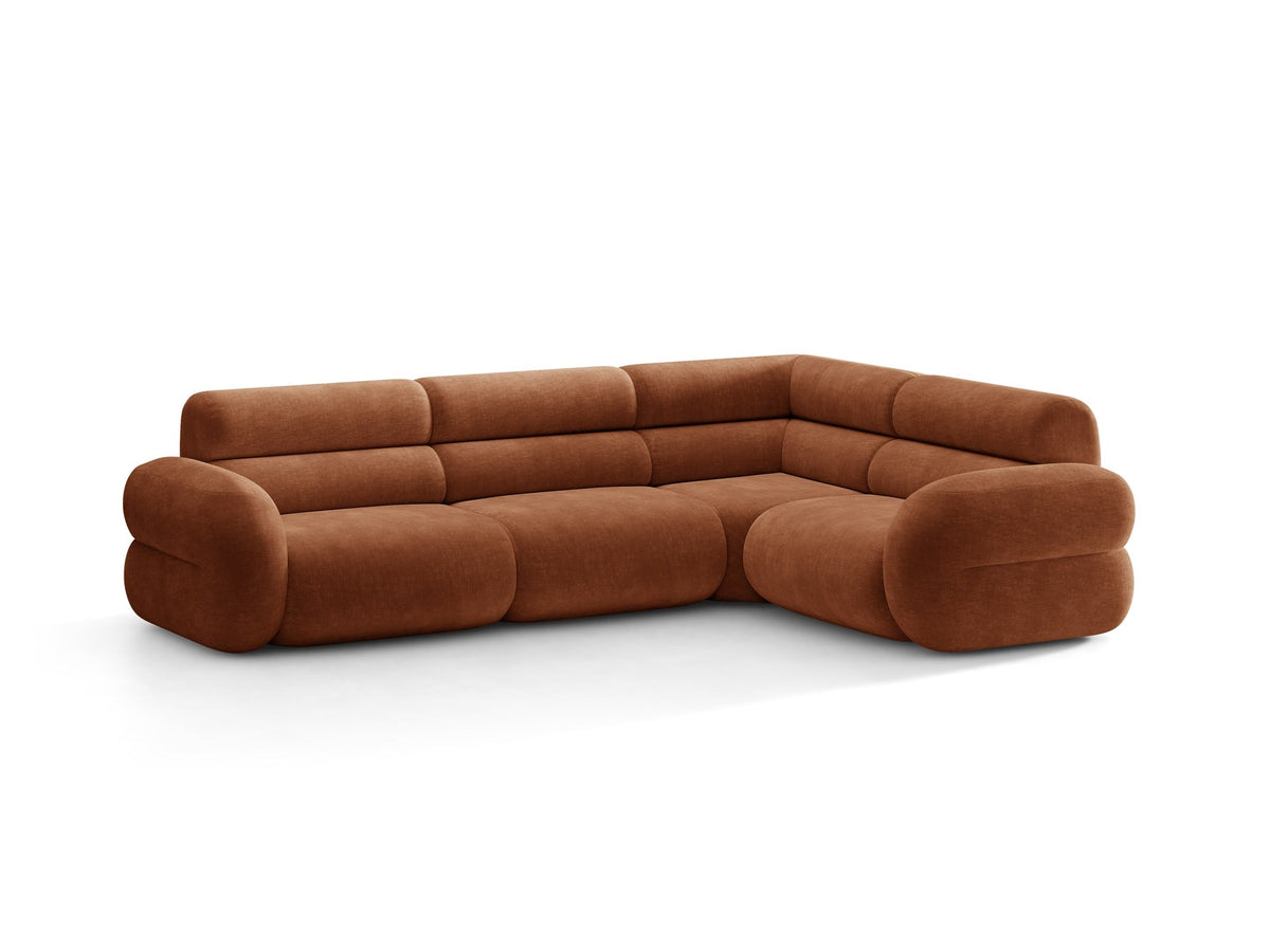Neo Linkes Ecksofa von Micadoni in dunklem Olivgrün, L-Sofa rechts mit Bouclé-Stoffbezug, hoher Rückenlehne und schwarzen Kunststoffbeinen.