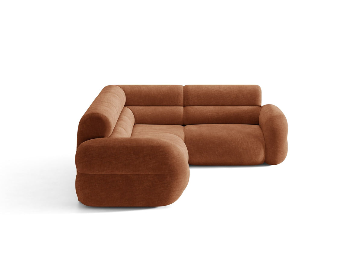 Neo Linkes Ecksofa von Micadoni in dunklem Olivgrün, L-Sofa rechts mit Bouclé-Stoffbezug, hoher Rückenlehne und schwarzen Kunststoffbeinen.