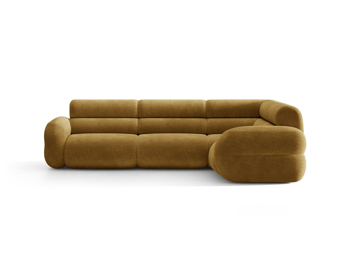 Neo Linkes Ecksofa von Micadoni in dunklem Olivgrün, L-Sofa rechts mit Bouclé-Stoffbezug, hoher Rückenlehne und schwarzen Kunststoffbeinen.