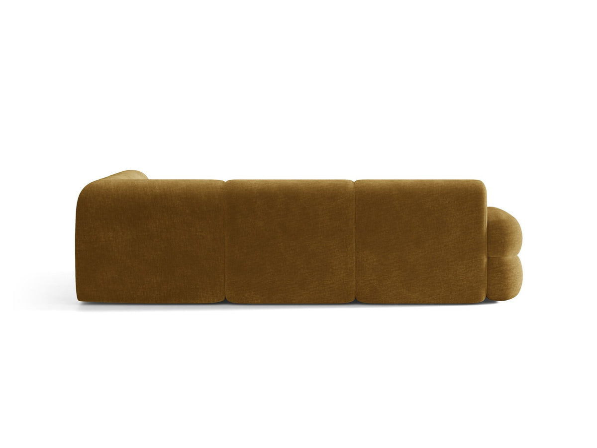 Neo Linkes Ecksofa von Micadoni in dunklem Olivgrün, L-Sofa rechts mit Bouclé-Stoffbezug, hoher Rückenlehne und schwarzen Kunststoffbeinen.