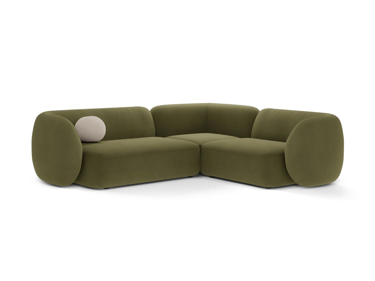 Weisses Ecksofa rechts von Micadoni aus der Kate-Serie mit strukturiertem Bouclé-Stoff, schwarzen Kunststoffbeinen und modularem Aufbau.