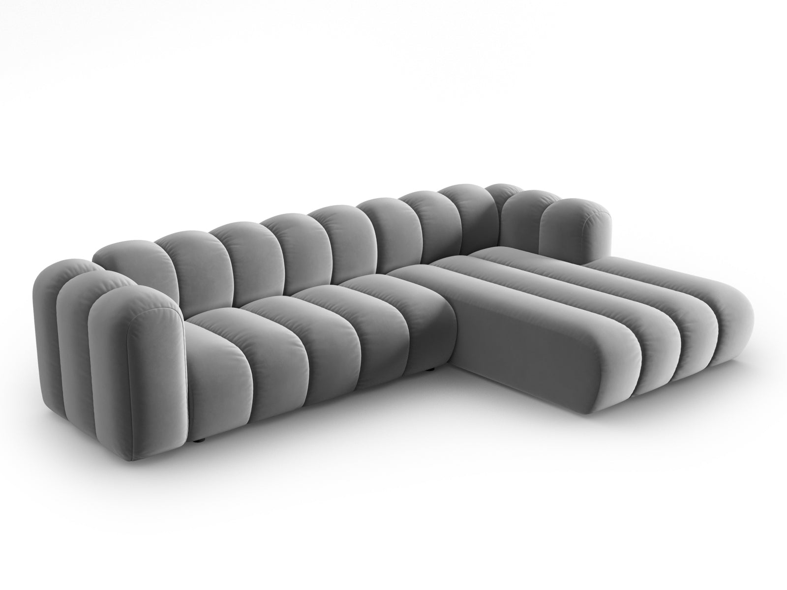 Entdecken Sie das elegante Lupine Velour Ecksofa rechts von Micadoni – ein 4-Sitzer, der Stil, Komfort und Flexibilität vereint.