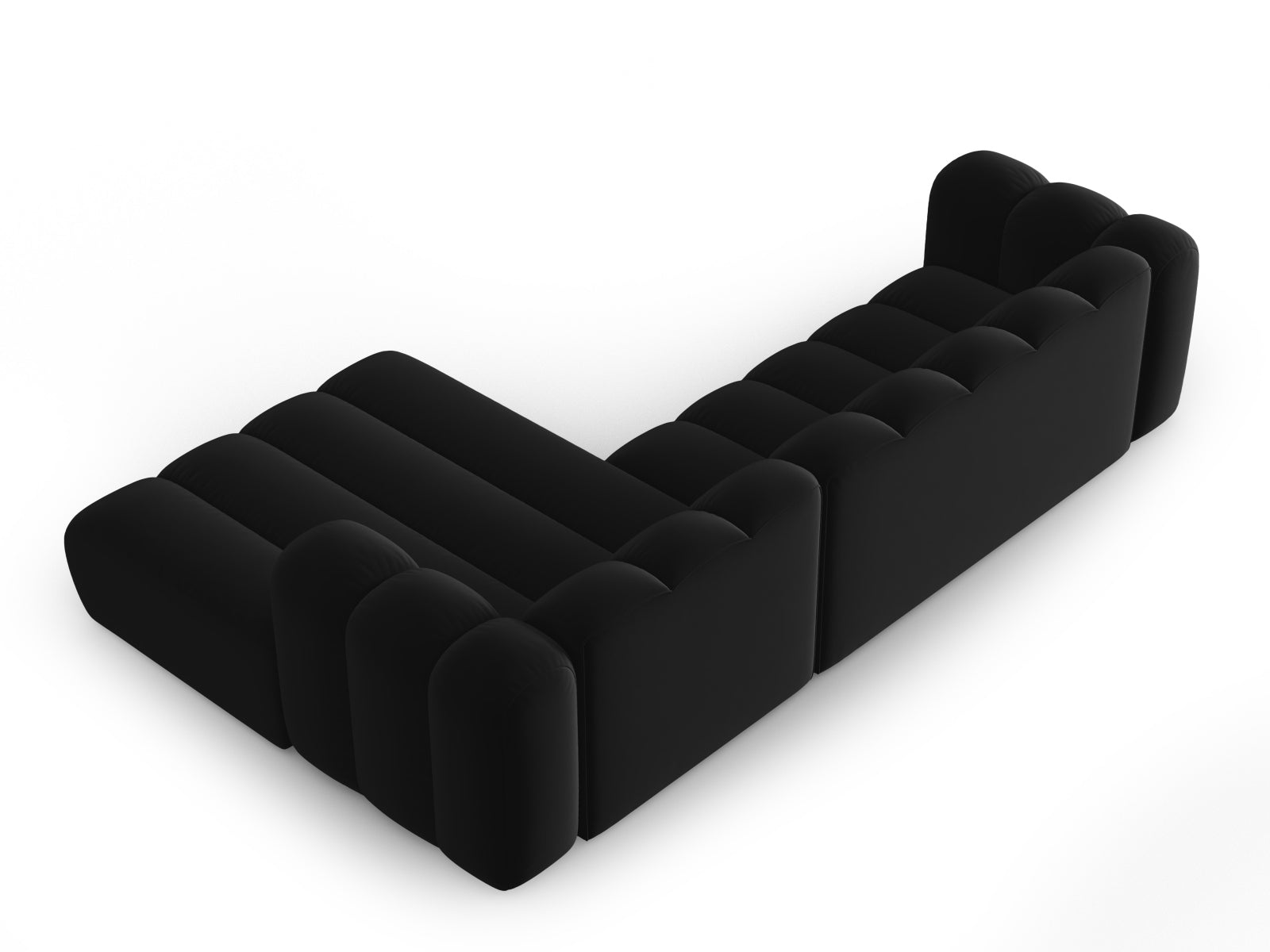 Elegantes, modulares Ecksofa Lupine Velour in stilvollem Schwarz, 4-Sitzer, rechtsseitig, ideal für zeitgemäße und einladende Wohnräume.