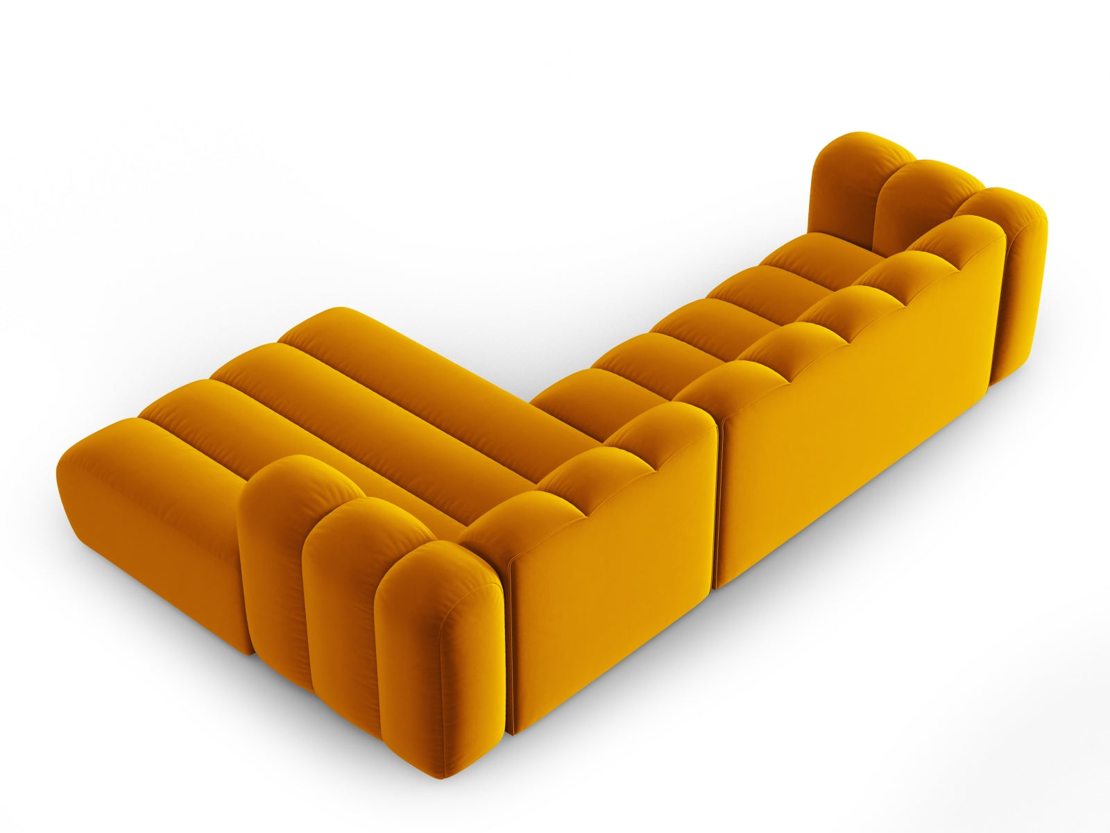 Stylisches, modulares Ecksofa in edlem Velours, 4-Sitzer, rechtsseitig, strahlendes Gelb, ideal für zeitgemäße Wohnräume.