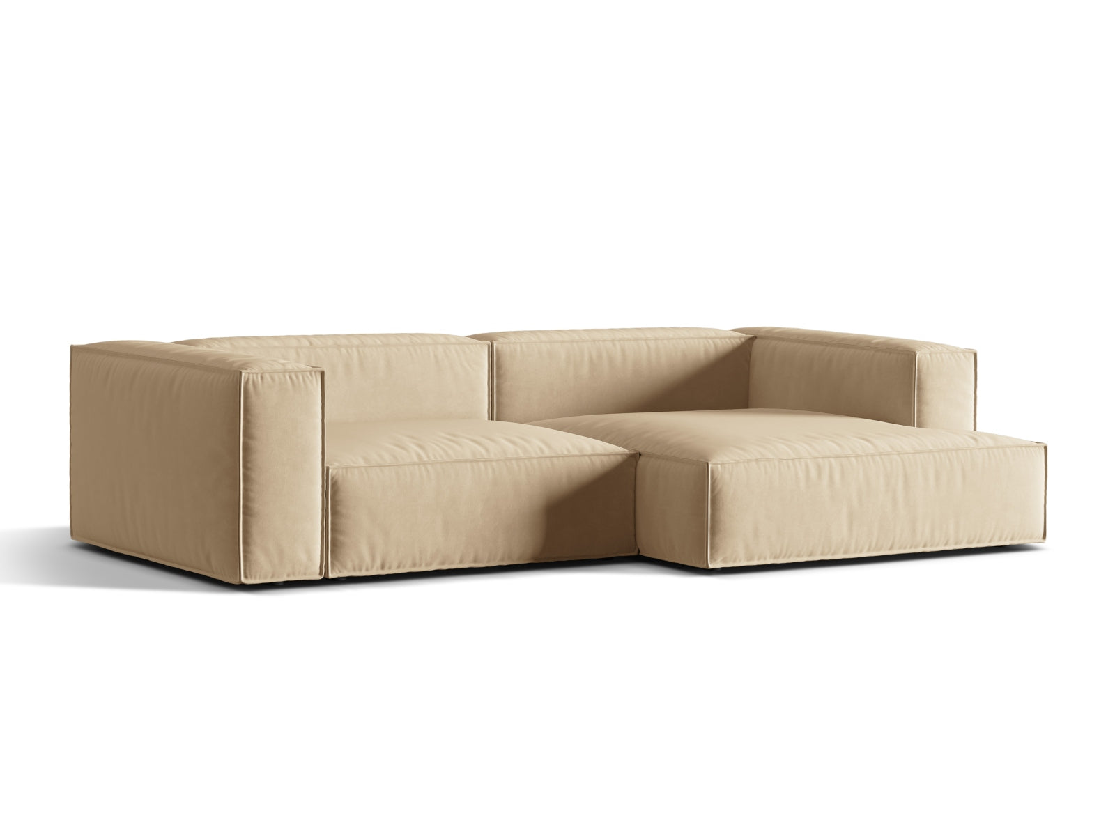 Elegantes Nuria Velour Ecksofa in Nude-Paris, 4-Sitzer, modular und rechtsseitig, ideal für stilvolle Wohnräume.
