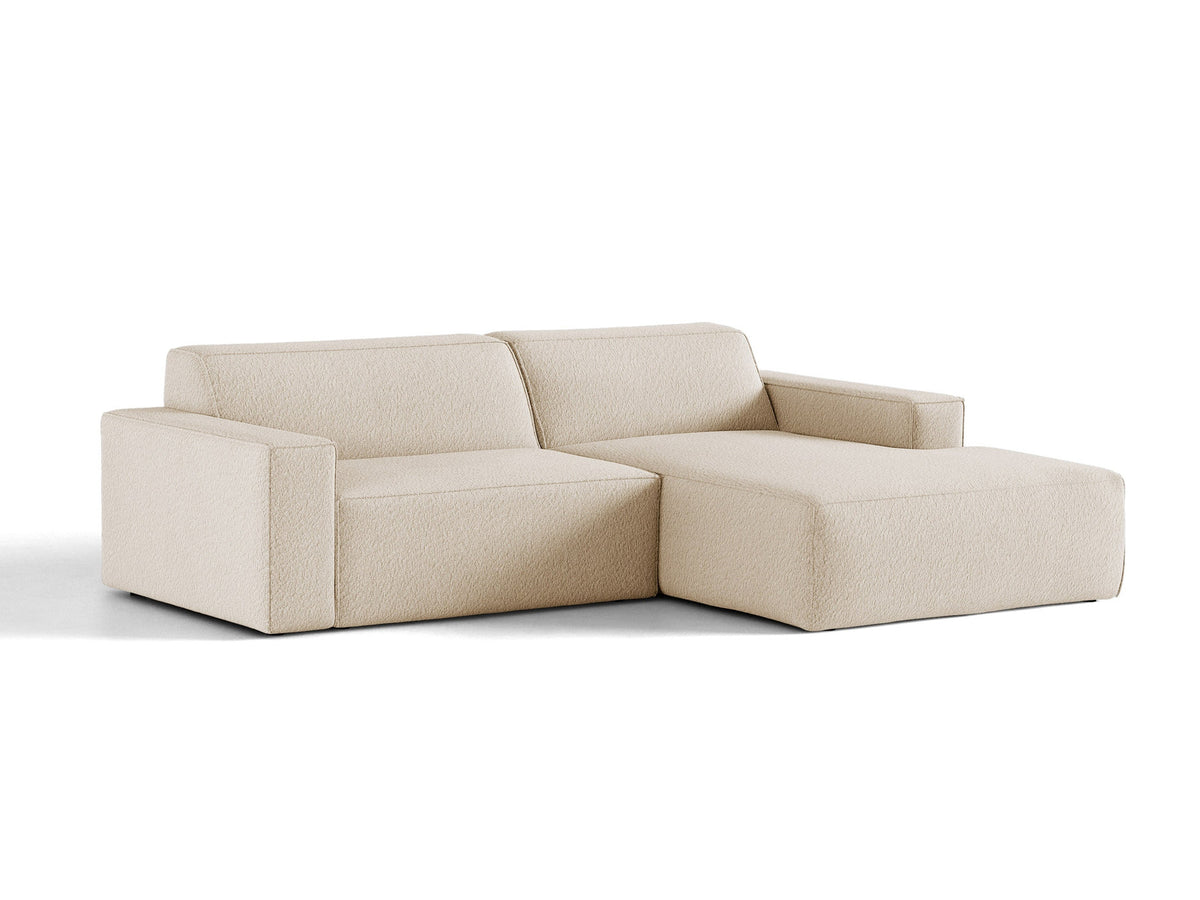 L-Sofa rechts Jodie mit Meridienne, gepolstertem Stoffbezug und schwarzen Kunststoffbeinen