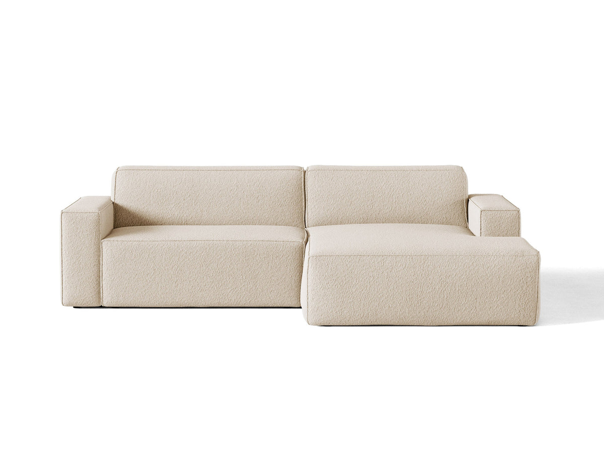 L-Sofa rechts Jodie mit Meridienne, gepolstertem Stoffbezug und schwarzen Kunststoffbeinen