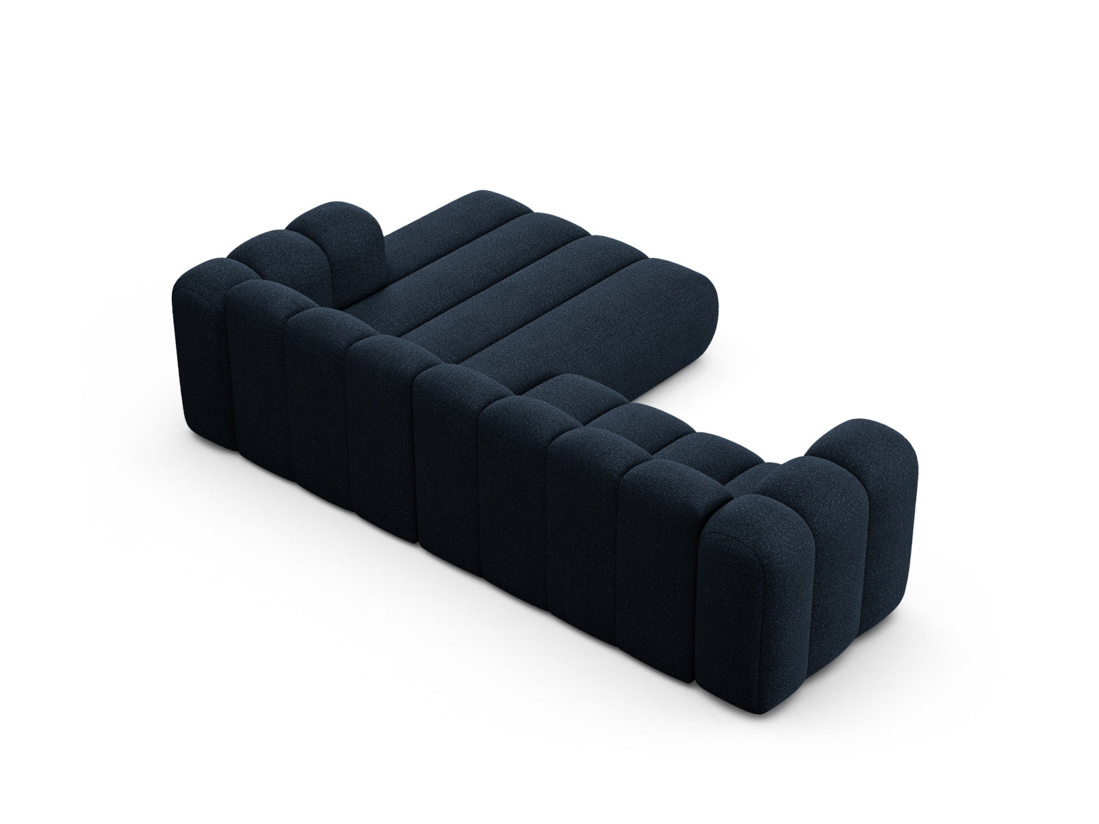 Elegantes, modulares Ecksofa Lupine Boucle in Dunkelblau, 4-Sitzer von Micadoni, vereint Funktionalität und zeitgemäßen Stil für Ihr Wohnzimmer.