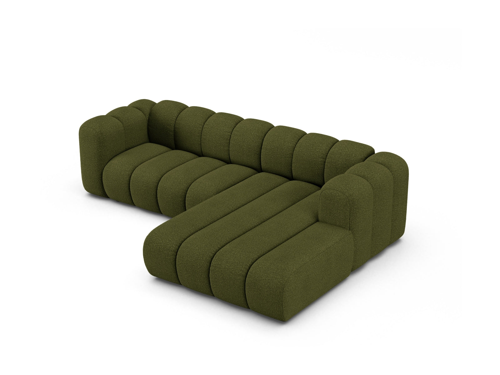 Modulares Ecksofa Lupine Boucle in Dunkeloliv, 4-Sitzer von Micadoni, bietet modernen Komfort und stilvolle Akzente für Ihr Zuhause.