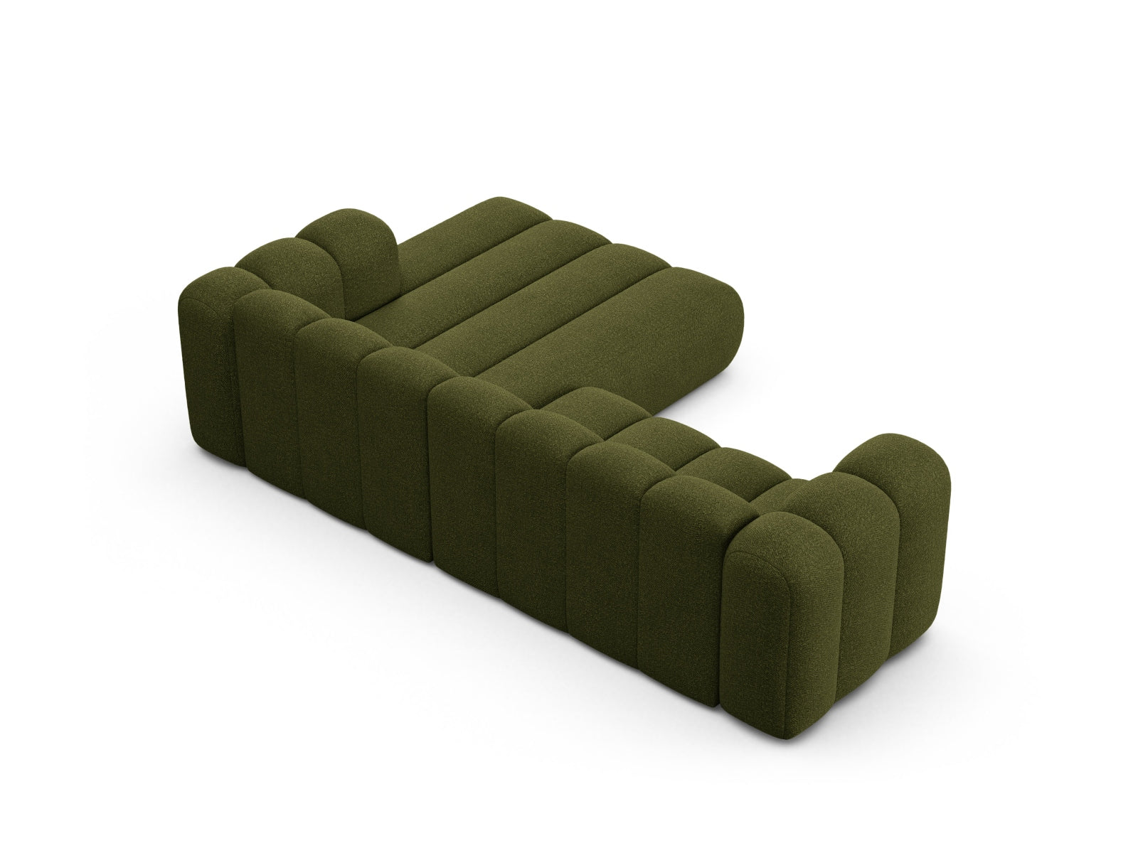 Elegantes, modulares Ecksofa Lupine Boucle in Dunkeloliv, 4-Sitzer von Micadoni, ideal für stilvolle Wohnräume und gemütliche Abende.