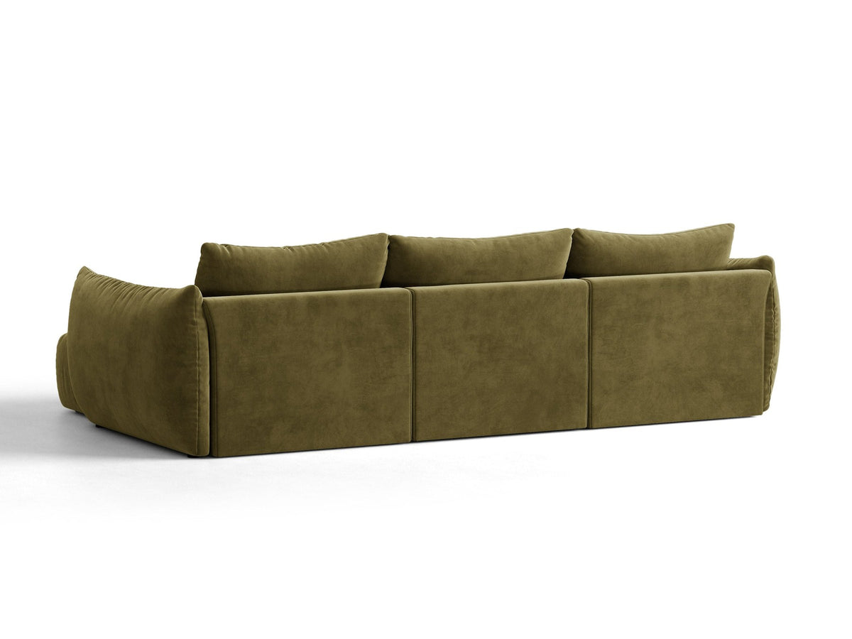 Beiges L-Sofa rechts Bloom von Micadoni mit Veloursstoff-Bezug Casino Pearl, schwarzen Kunststoffbeinen und sichtbarem Staufach unter der Sitzfläche.