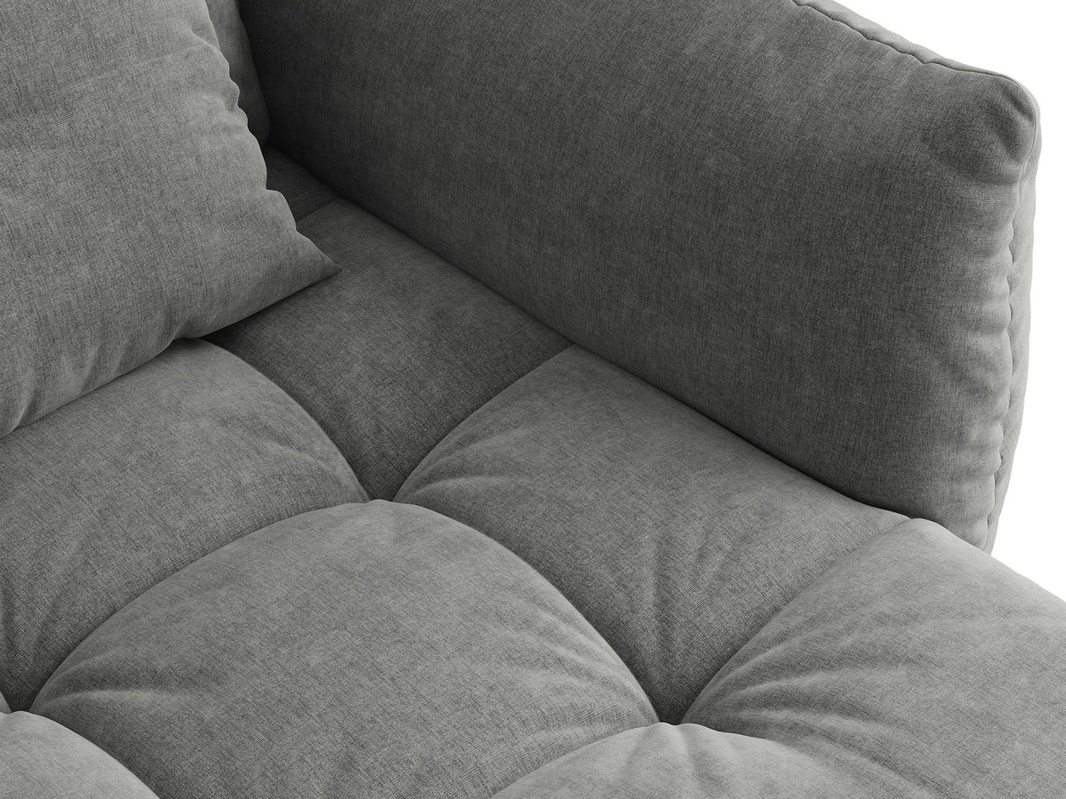 Beiges L-Sofa rechts Bloom von Micadoni mit Veloursstoff-Bezug Casino Pearl, schwarzen Kunststoffbeinen und sichtbarem Staufach unter der Sitzfläche.