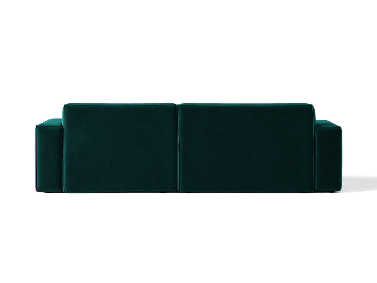 Ecksofa rechts Jodie von Micadoni in leichtem Beige mit Venus-Samtstoff, schwarzen Kunststoffbeinen und moderner modularer Form.