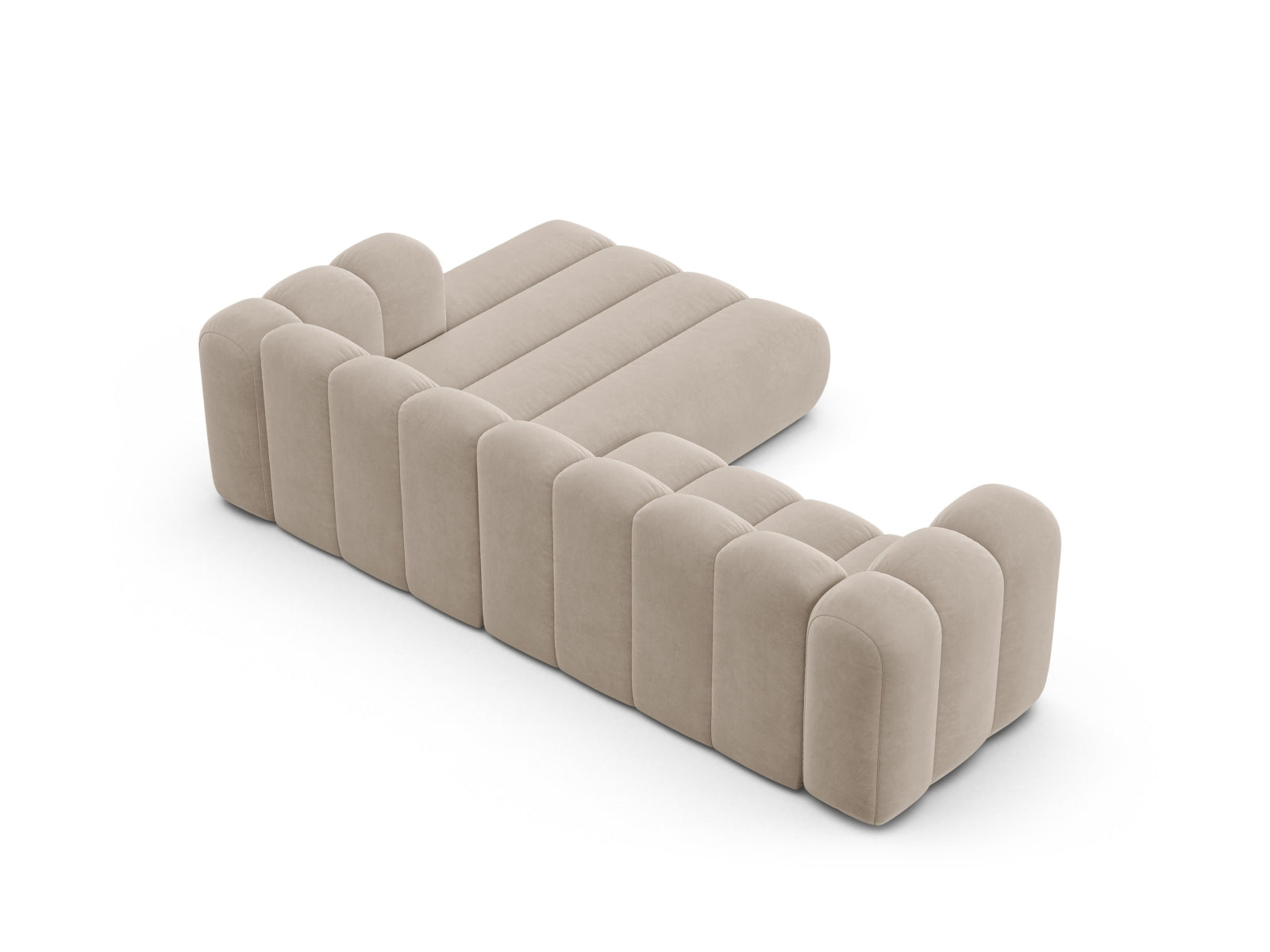 Elegantes, beiges Velour Ecksofa von Micadoni, modular und stilvoll, ideal für zeitgemäße Wohnräume, als 4-Sitzer mit rechter Armlehne.