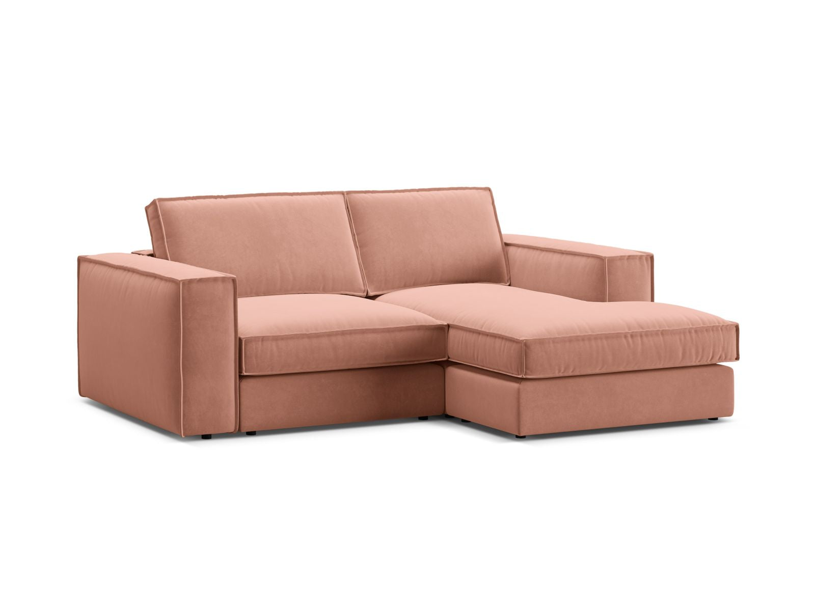 Modernes 2-Sitzer Ecksofa rechts Pola in strahlendem Pink-Salvador, ideal für trendbewusste Wohnräume und entspannte Sitzgelegenheiten.