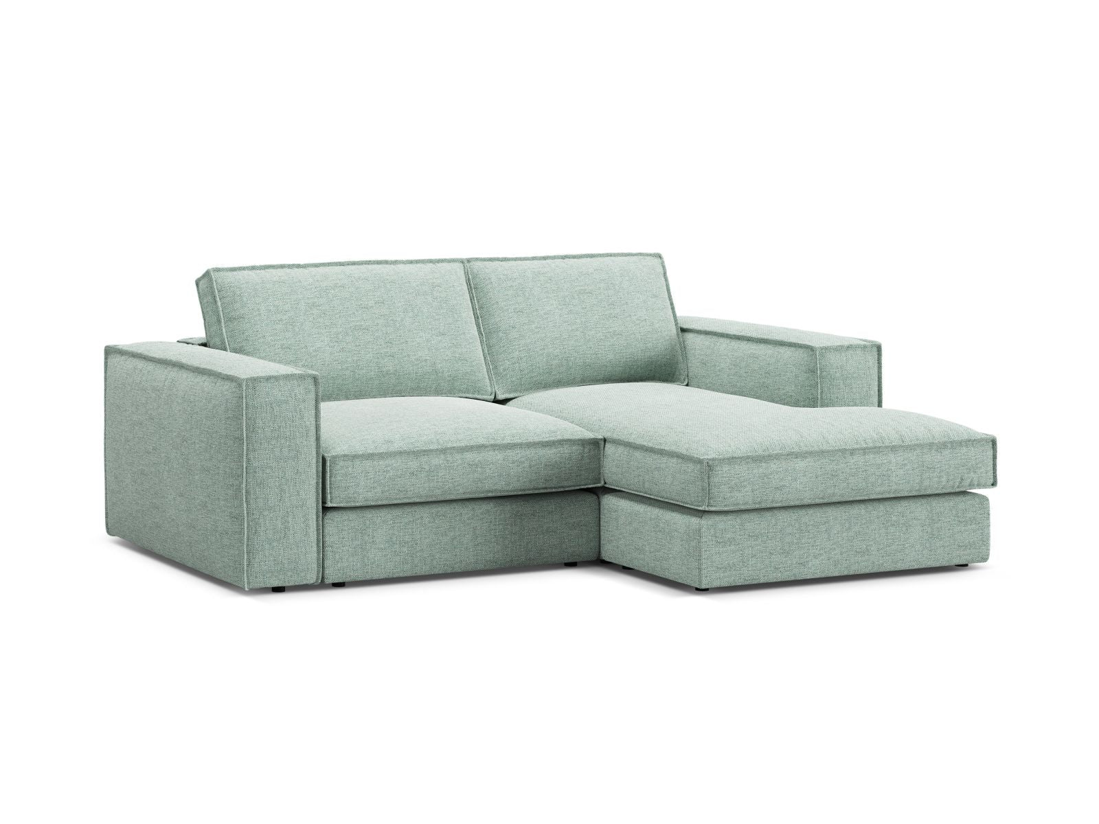 Modernes 2-Sitzer Ecksofa rechts Pola in sanftem Mintgrün, ideal für eine stilvolle und einladende Wohnatmosphäre.