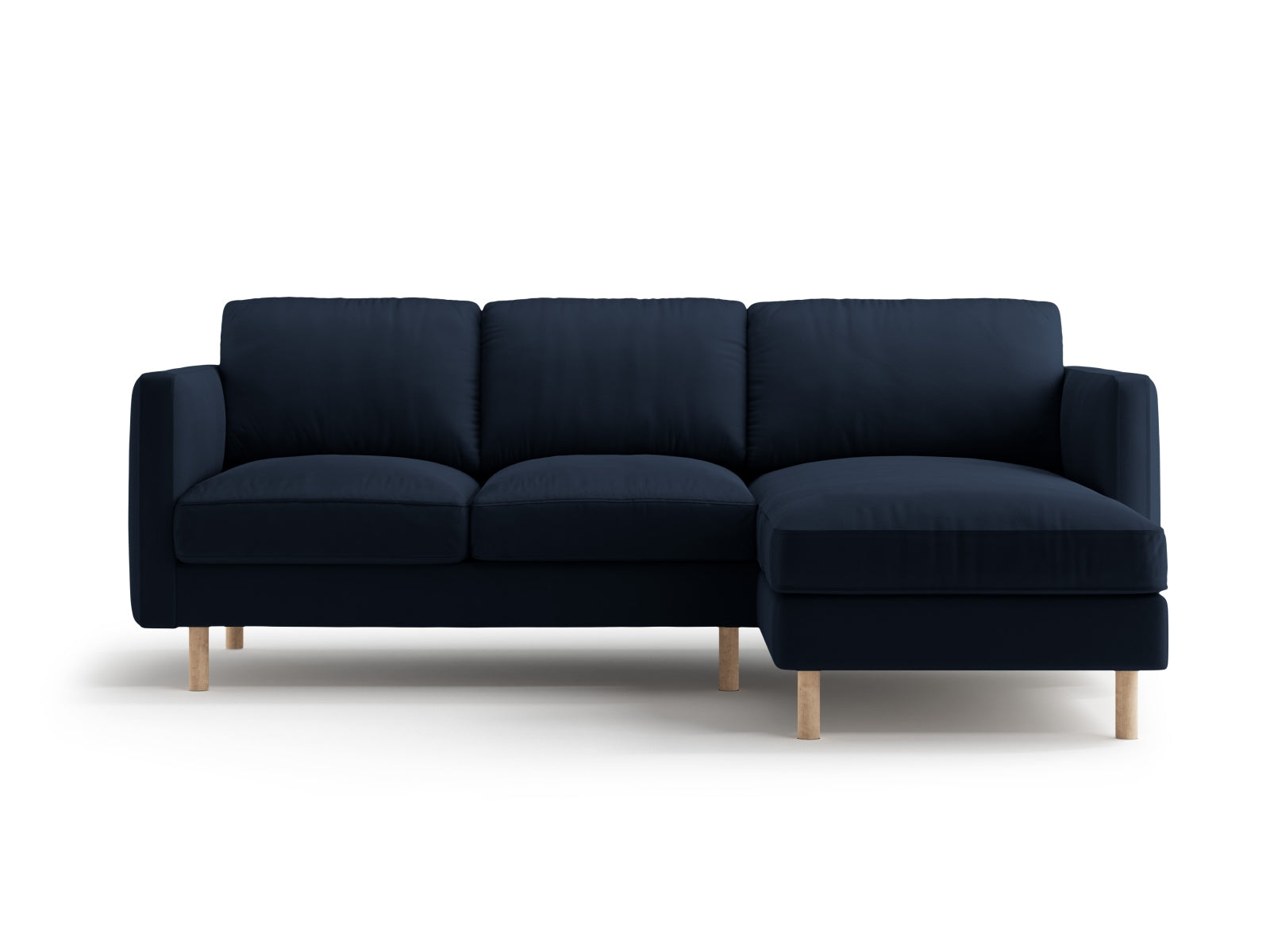 Elegantes Ecksofa Eden in luxuriösem Velours, 3-Sitzer, rechtsseitig, in tiefem Blau, perfekt für moderne Wohnkonzepte von Micadoni.
