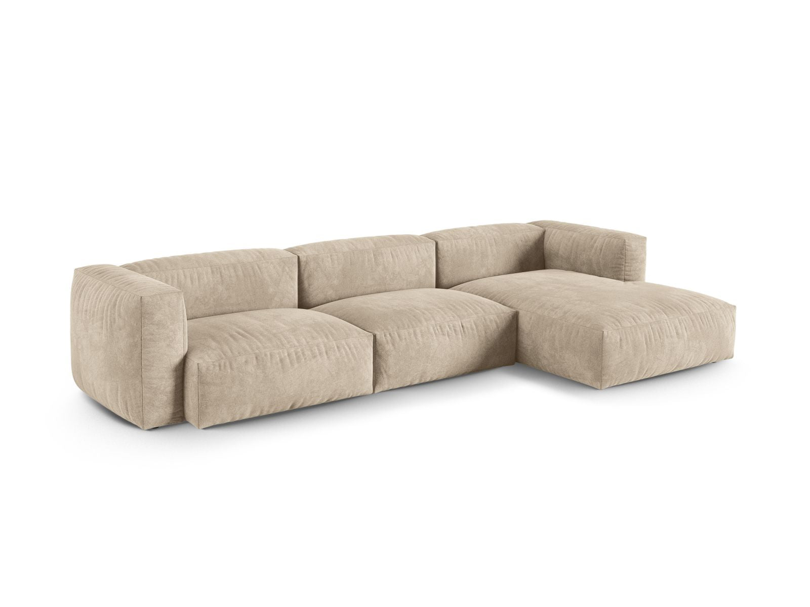 Elegantes 3-Sitzer XL Ecksofa rechts Martina in hellem Beige, ideal für stilvolle Wohnräume, präsentiert von Micadoni.
