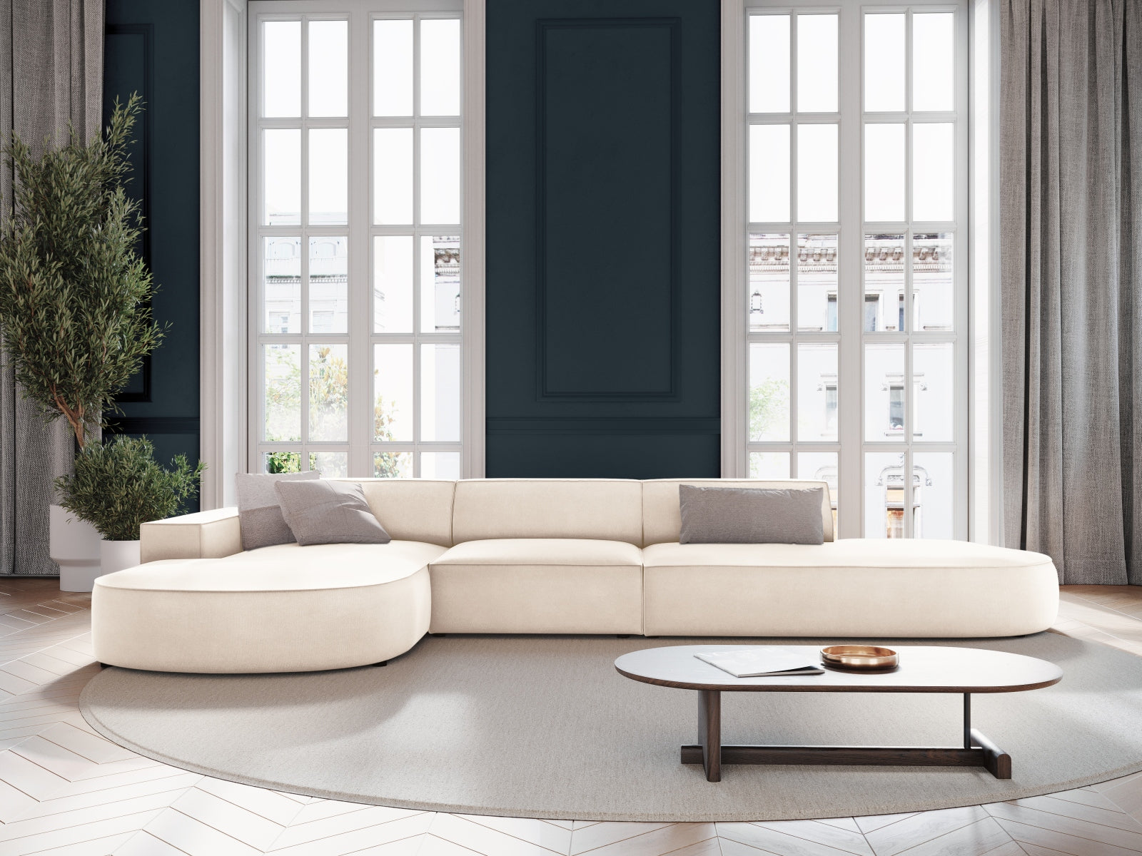 Jodie Velour modulares Ecksofa links 4 Sitzer in Light Beige präsentiert im Onlineshop von KAQTU Design AG. Ecksofa links ist von Micadoni