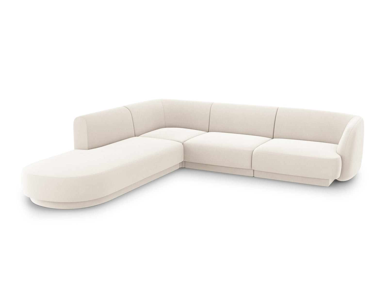 Elegantes Miley Velour Ecksofa links für 6 Personen in sanftem Beige, ideal für stilvolle Wohnräume und gemütliche Abende.