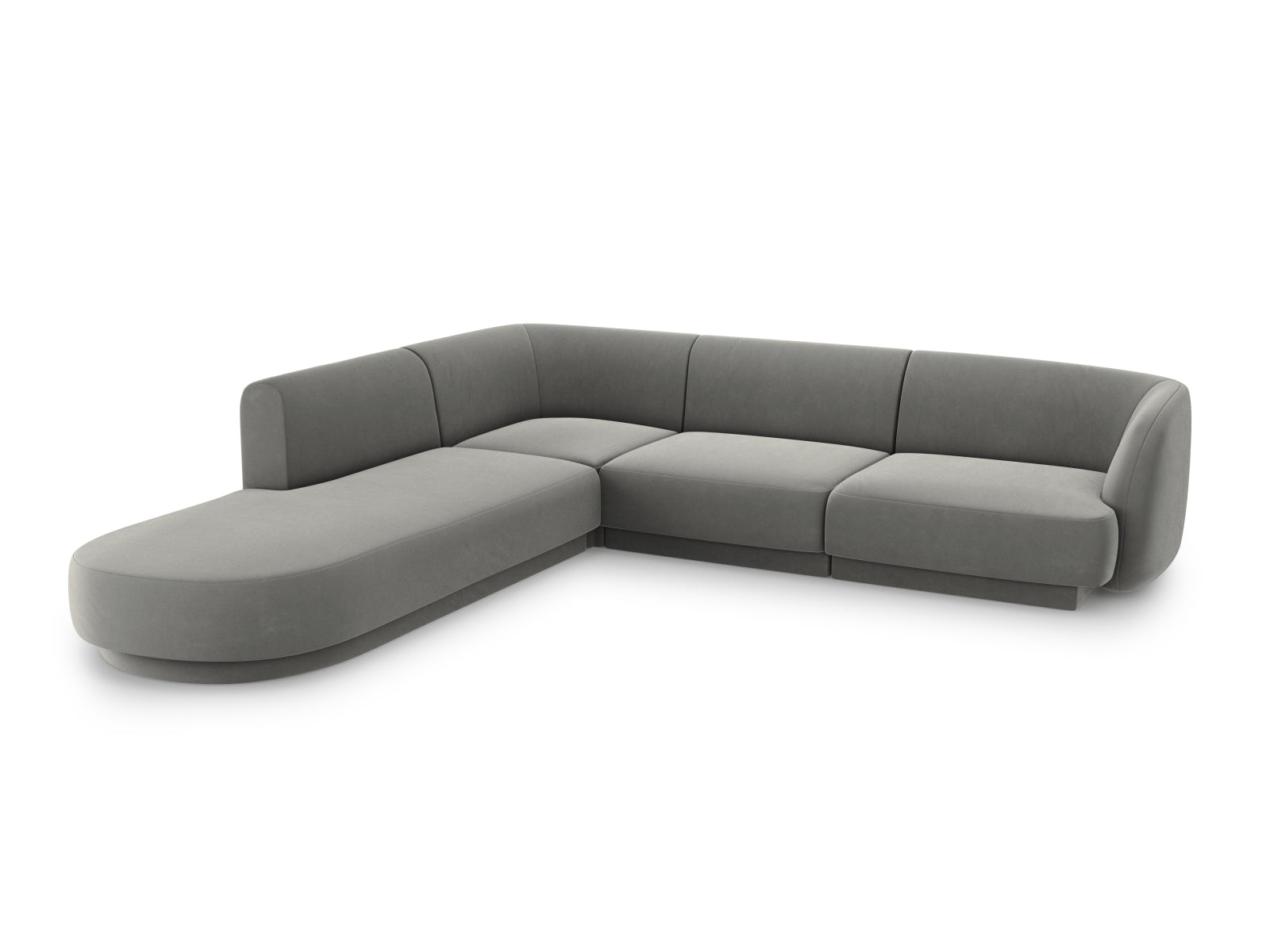 Stylisches Miley Velour Ecksofa links für 6 Personen in sanftem Light Grey-Bluvel, ideal für moderne Wohnräume.