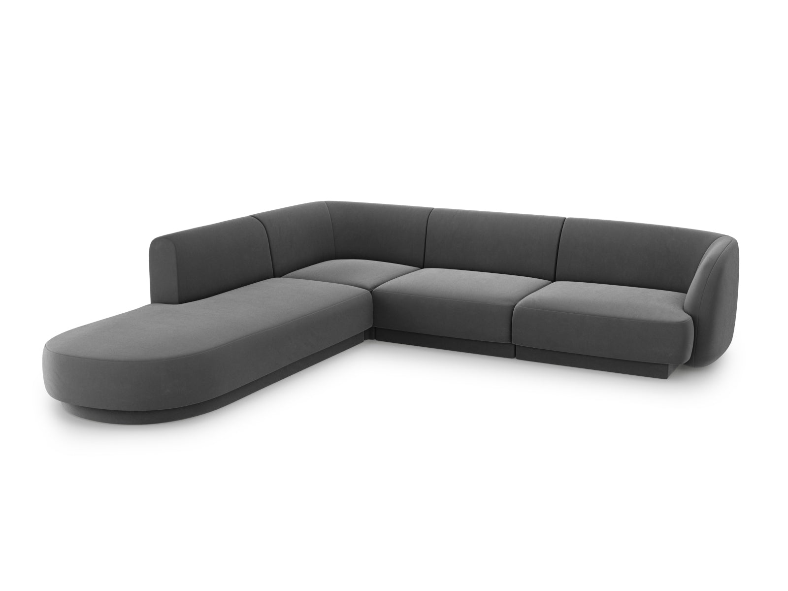 Elegantes Miley Velour Ecksofa links für 6 Personen in stilvollem Grey-Bluvel, ideal für moderne Wohnräume.