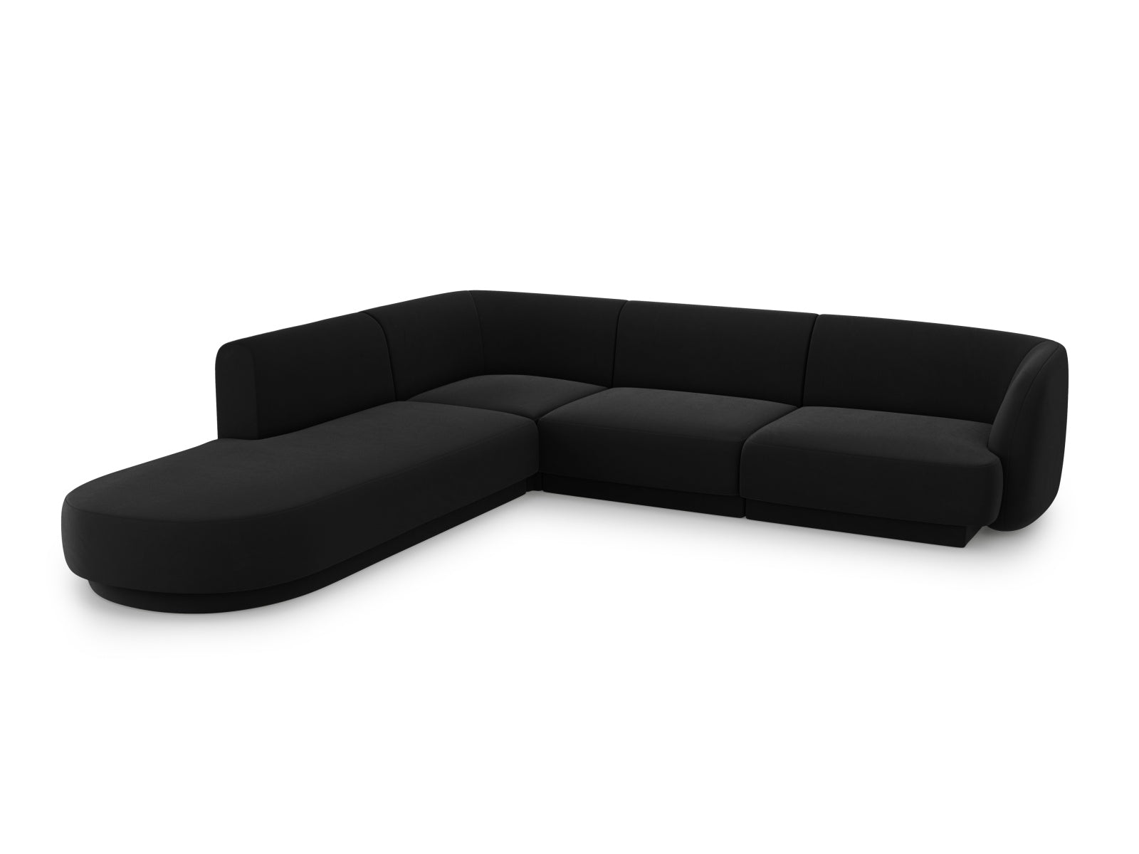 Elegantes Miley Velour Ecksofa links für 6 Personen in stilvollem Black-Bluvel, ideal für moderne Wohnräume.