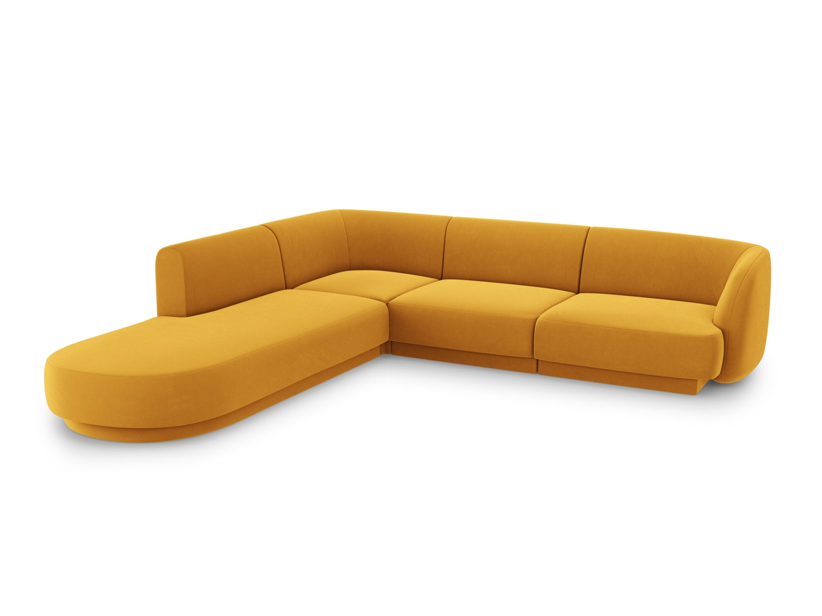 Elegantes Miley Velour Ecksofa links für 6 Personen in stilvollem Gelb-Blau, ideal für moderne Wohnräume.