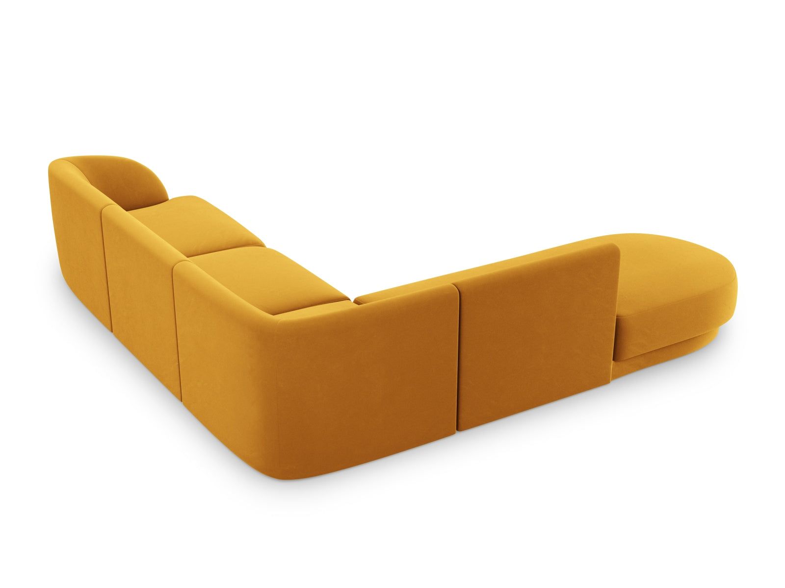 Gemütliches Miley Velour Ecksofa links für 6 Personen in ansprechendem Gelb-Blau, perfekt für einladende Wohnzimmer.