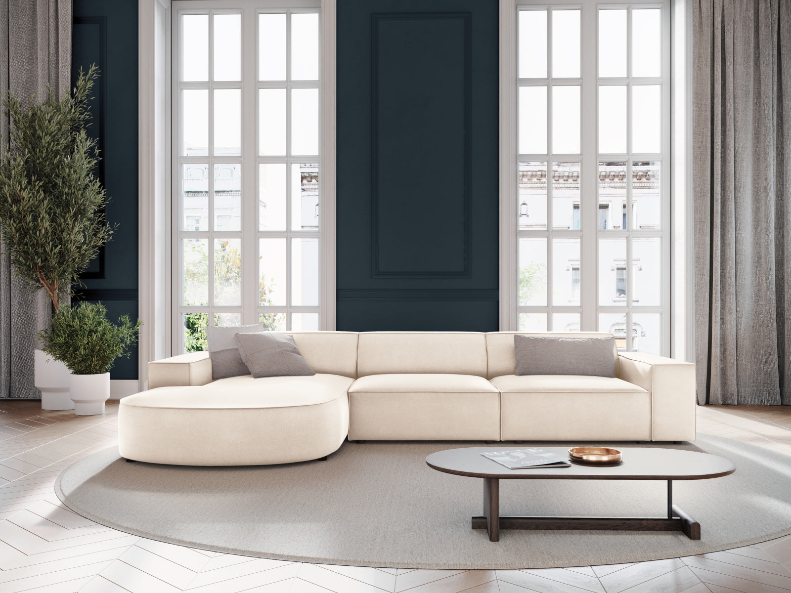Jodie Velour modulares Ecksofa links 4 Sitzer in Light Beige präsentiert im Onlineshop von KAQTU Design AG. Ecksofa links ist von Micadoni