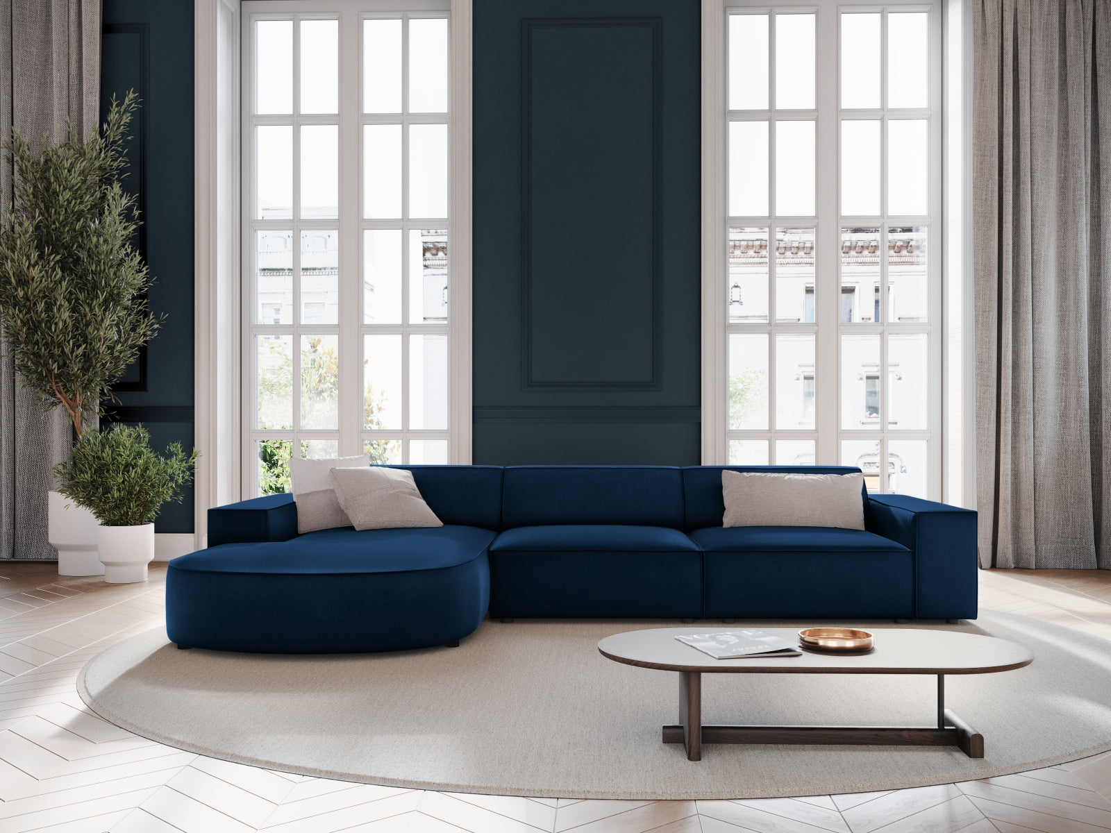 Jodie Velour modulares Ecksofa links 4 Sitzer in Royal Blue präsentiert im Onlineshop von KAQTU Design AG. Ecksofa links ist von Micadoni