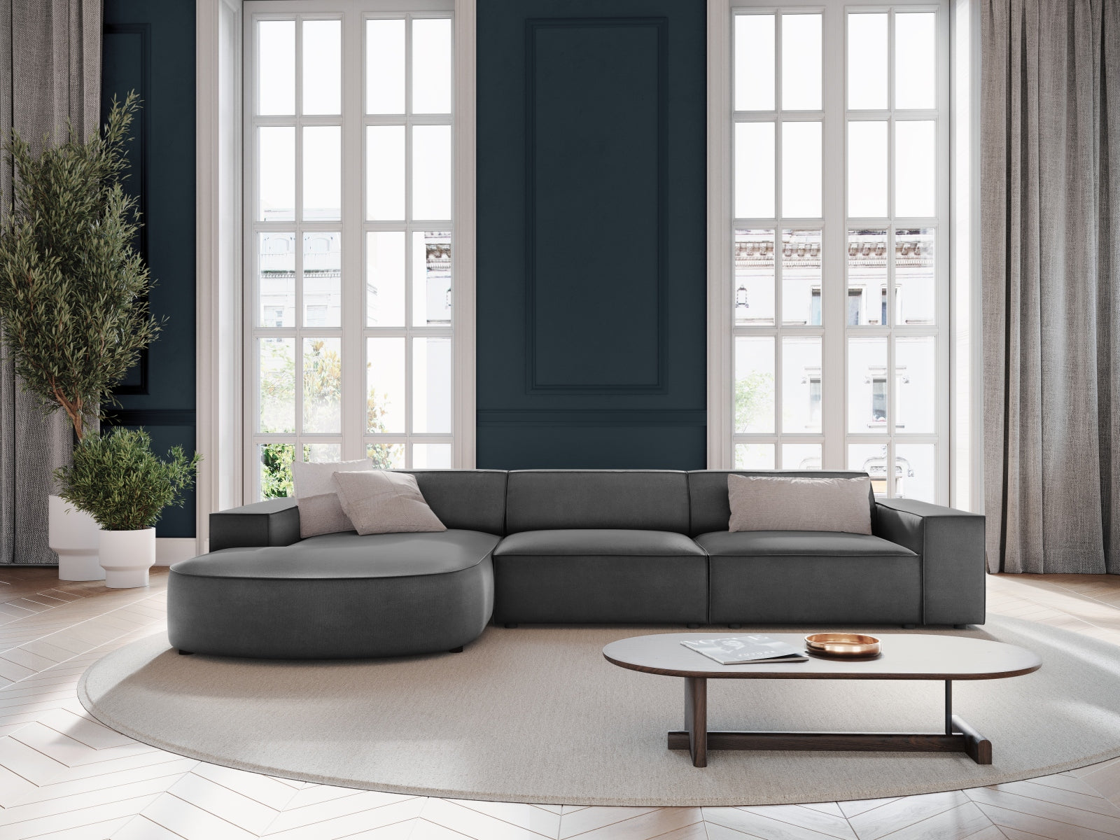 Jodie Velour modulares Ecksofa links 4 Sitzer in Grey präsentiert im Onlineshop von KAQTU Design AG. Ecksofa links ist von Micadoni