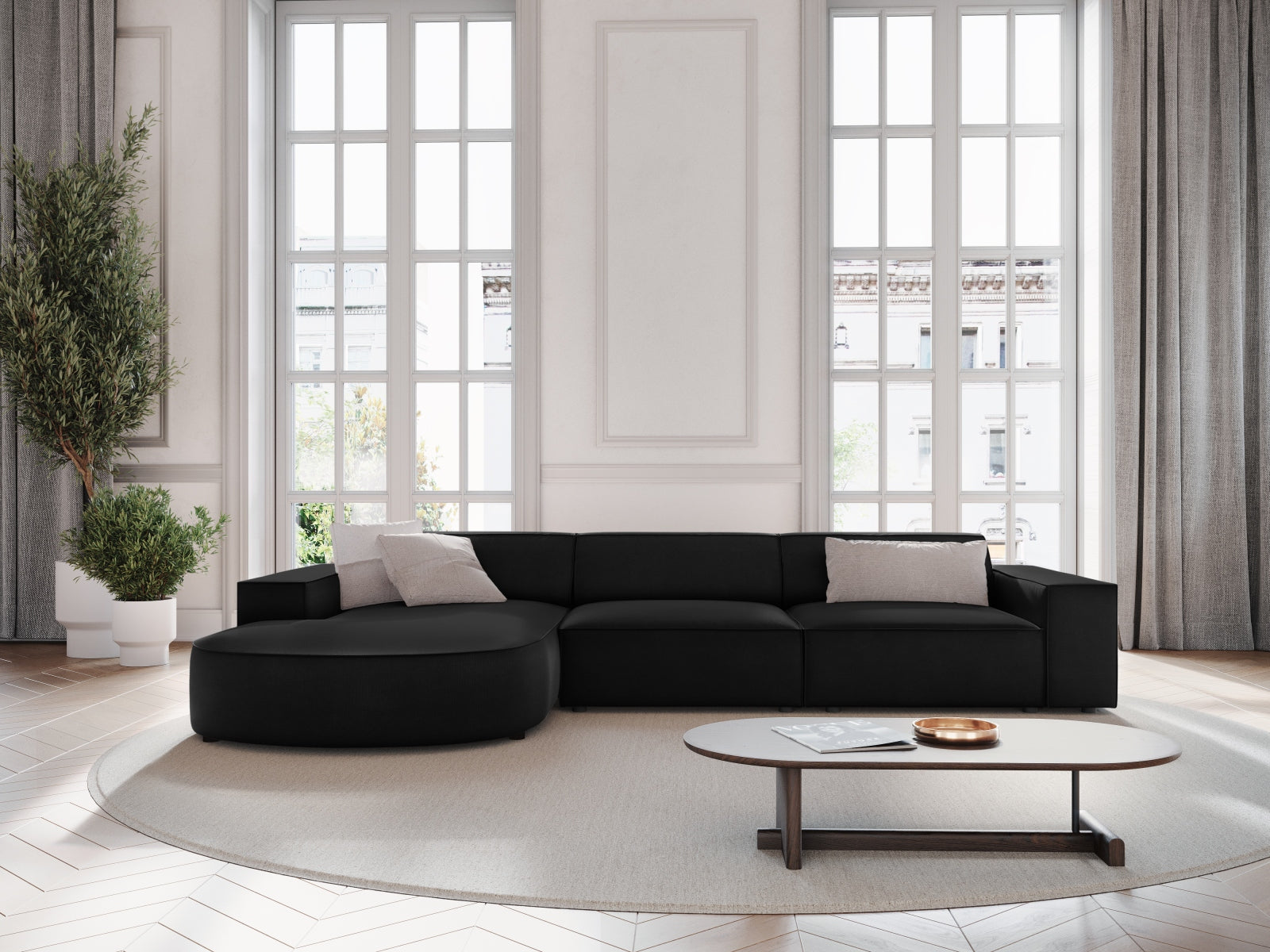 Jodie Velour modulares Ecksofa links 4 Sitzer in Black präsentiert im Onlineshop von KAQTU Design AG. Ecksofa links ist von Micadoni