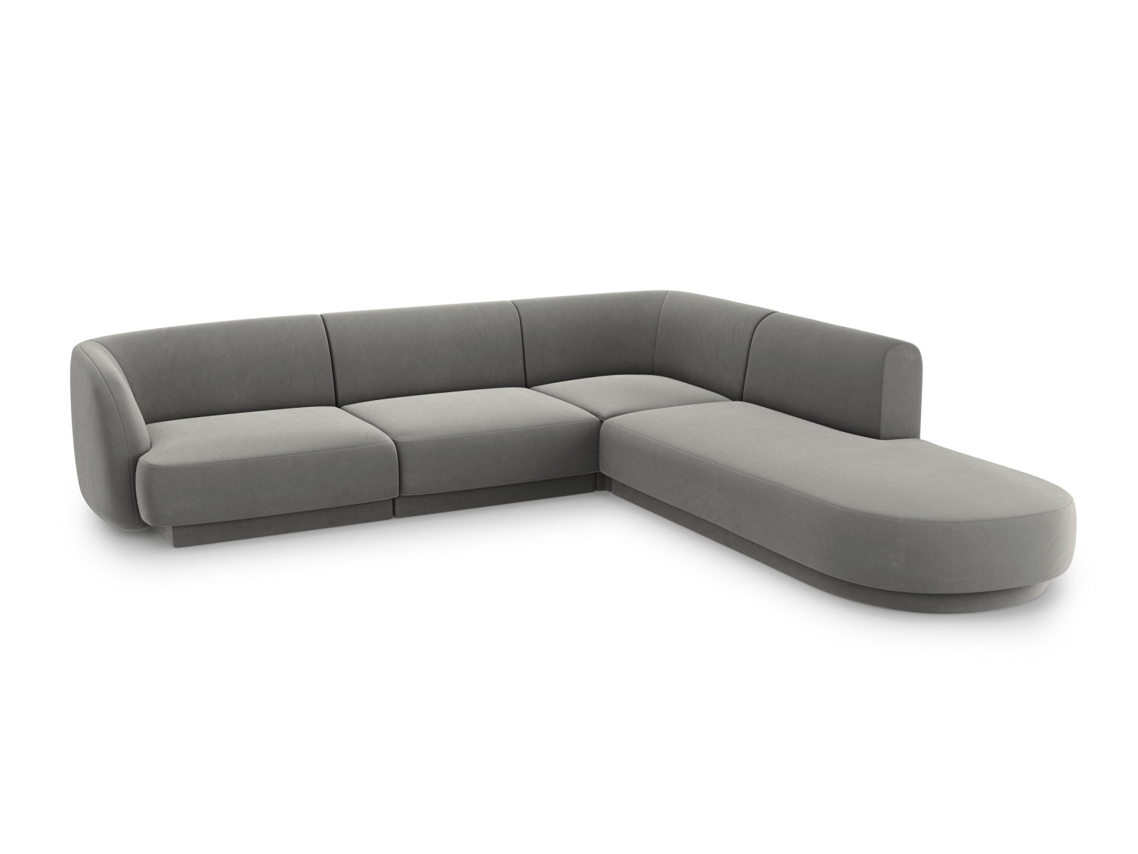 Elegantes Miley Velour Ecksofa in Hellgrau, 6-Sitzer, rechtsseitig, ideal für stilvolle Wohnräume, erhältlich bei KAQTU Design AG.