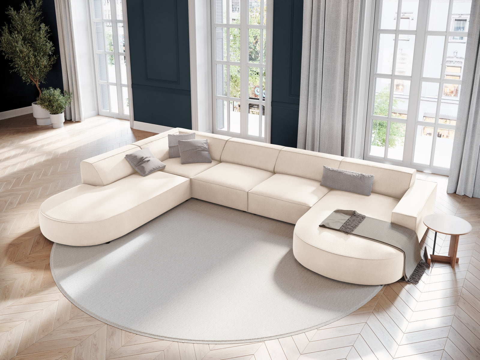 Jodie Velour modulares Panoramic Ecksofa links 7 Sitzer in Light Beige präsentiert im Onlineshop von KAQTU Design AG. Ecksofa links ist von Micadoni