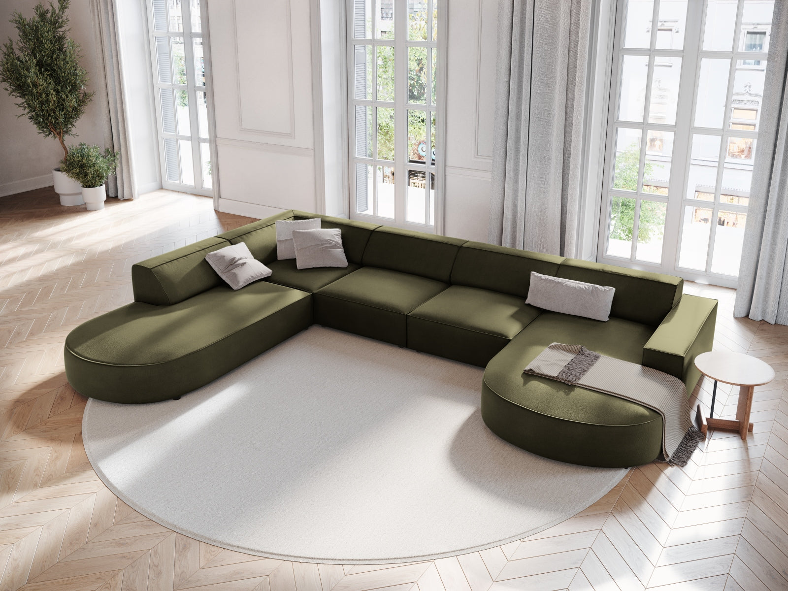 Jodie Velour modulares Panoramic Ecksofa links 7 Sitzer in Green präsentiert im Onlineshop von KAQTU Design AG. Ecksofa links ist von Micadoni