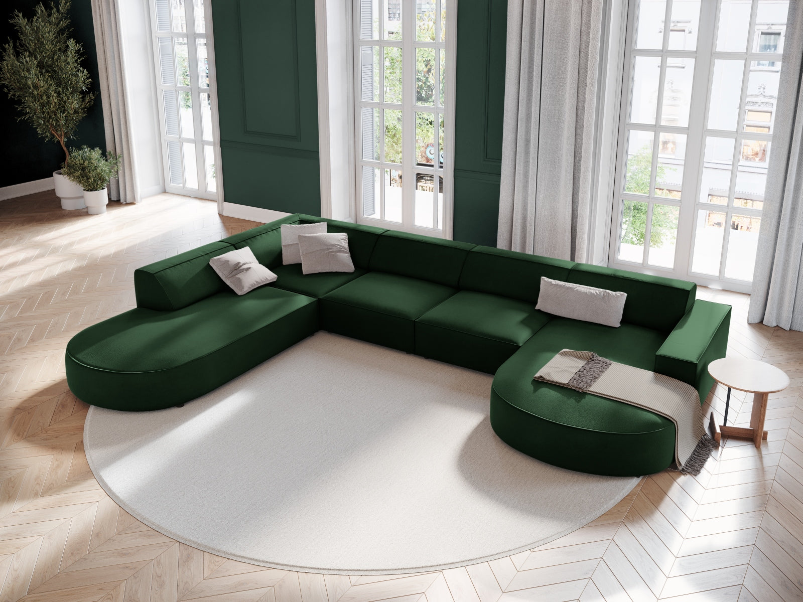 Jodie Velour modulares Panoramic Ecksofa links 7 Sitzer in Bottle Green präsentiert im Onlineshop von KAQTU Design AG. Ecksofa links ist von Micadoni