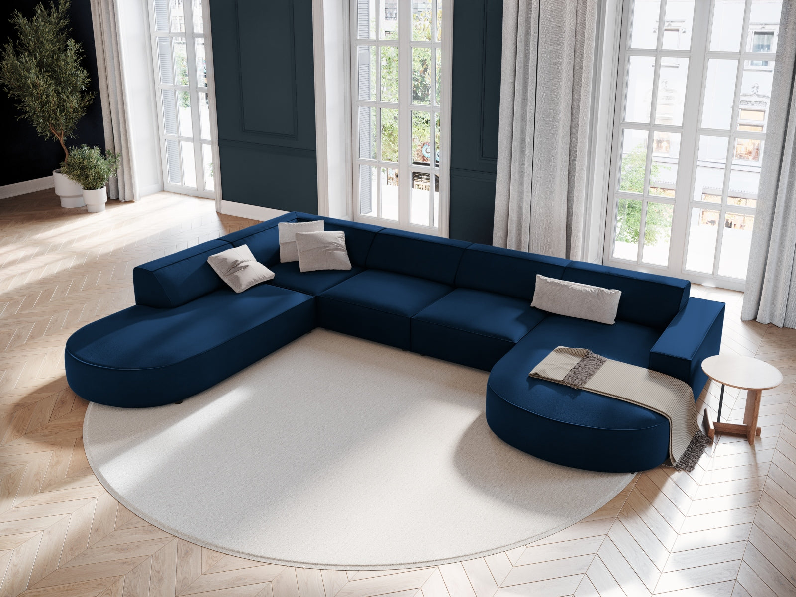 Jodie Velour modulares Panoramic Ecksofa links 7 Sitzer in Royal Blue präsentiert im Onlineshop von KAQTU Design AG. Ecksofa links ist von Micadoni